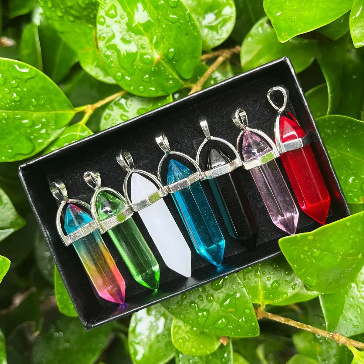 7-Piece Hexagonal Crystal Chakra Pendant Set | Pointed Gemstone Wands for Jewelry & Décor
