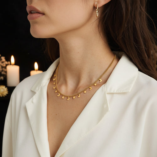 Celestial Moon & Star Gold Chain Necklace – Gentle Guidance & Cosmic Connection