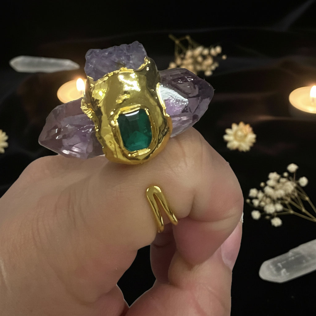 14K Gold-Plated Natural Gemstone Open Ring — Quartz, Citrine & Amethyst Crystal