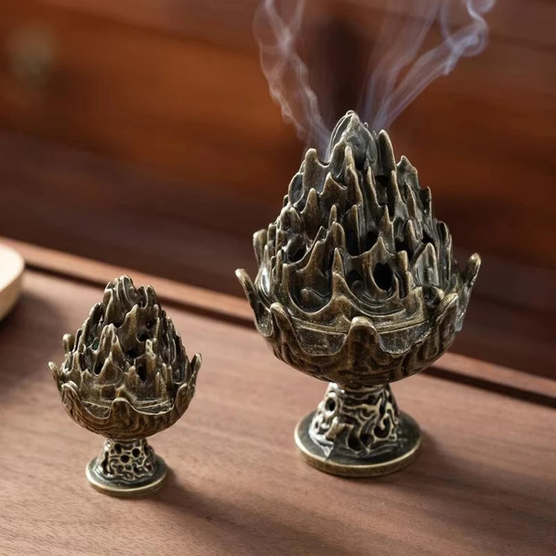 Lotus Bud Incense Burner — Hollow Alloy Cone & Stick Holder