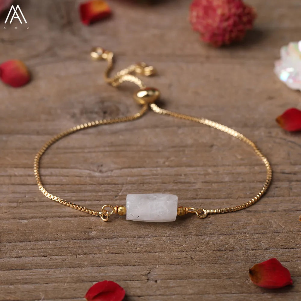 Natural Gemstone Single-Bead Bracelet – Gold-Plated Crystal Jewelry for Women