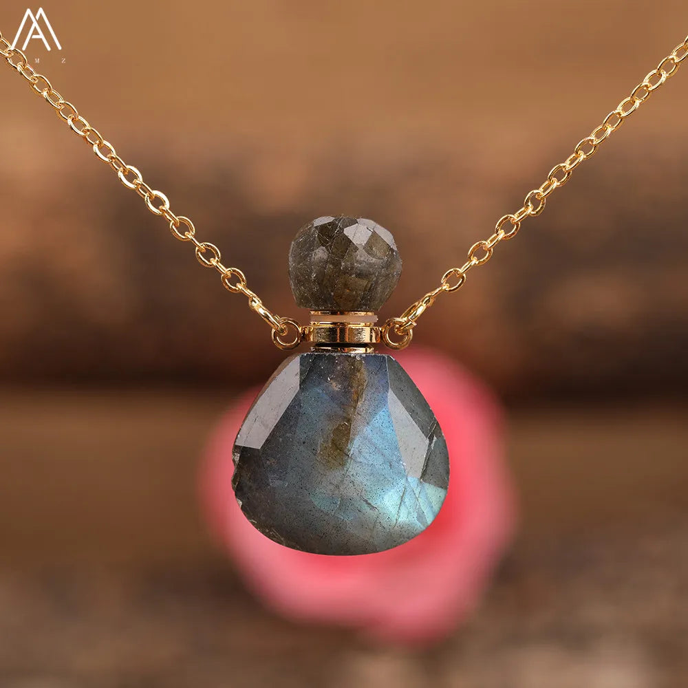 Natural Gemstone Perfume Bottle Pendant Necklace — Crystal Healing Jewelry