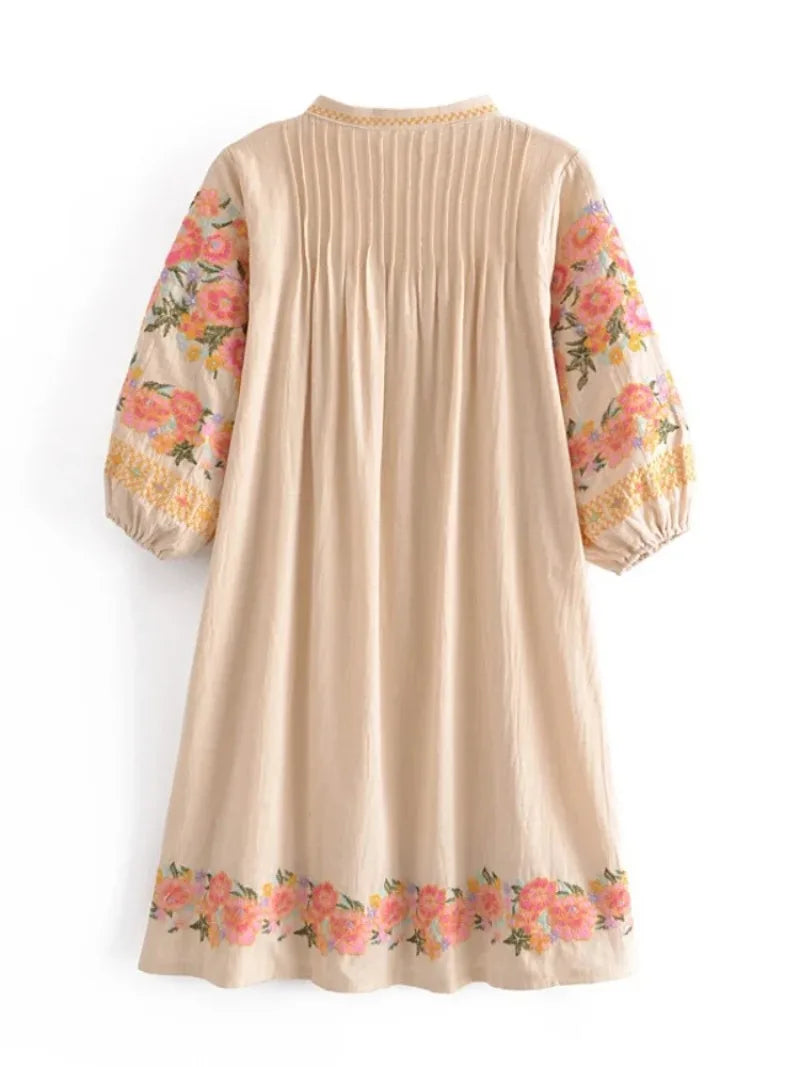 Boho Floral Embroidery Cotton-Linen Mini Dress