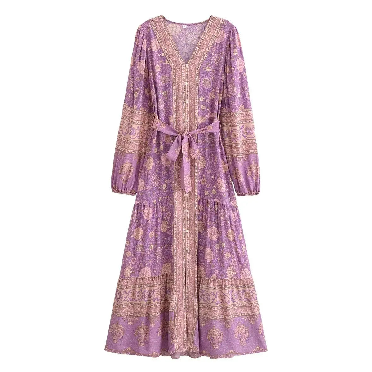 Floral Print Boho Maxi Dress – Long Sleeve Button Front