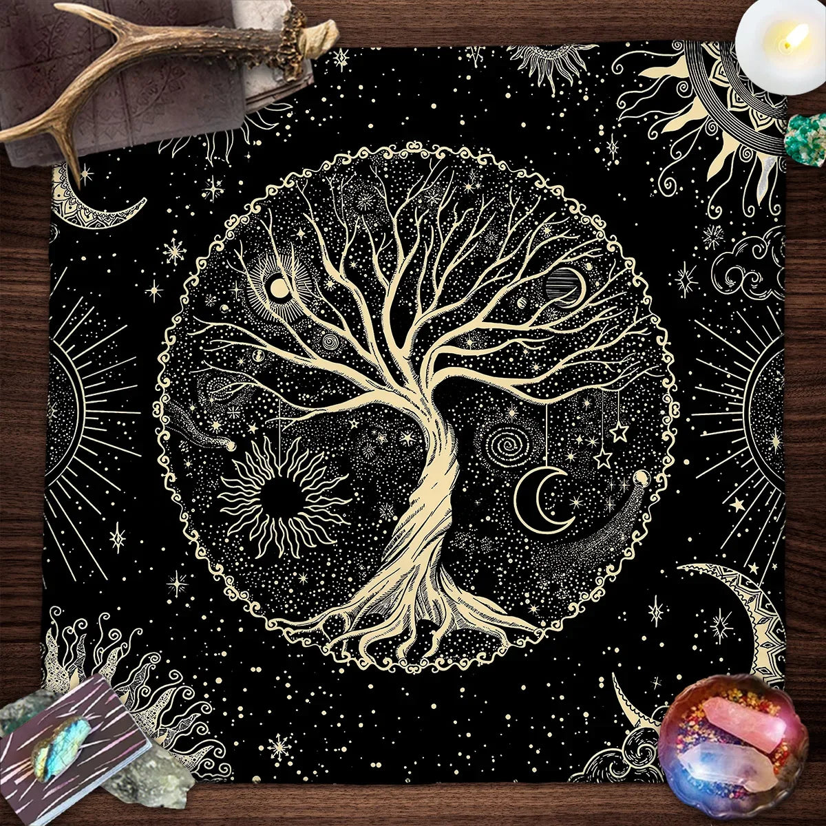 Tree of Life & Moon Phase Altar Cloth – Sacred Geometry Tarot Spread Mat