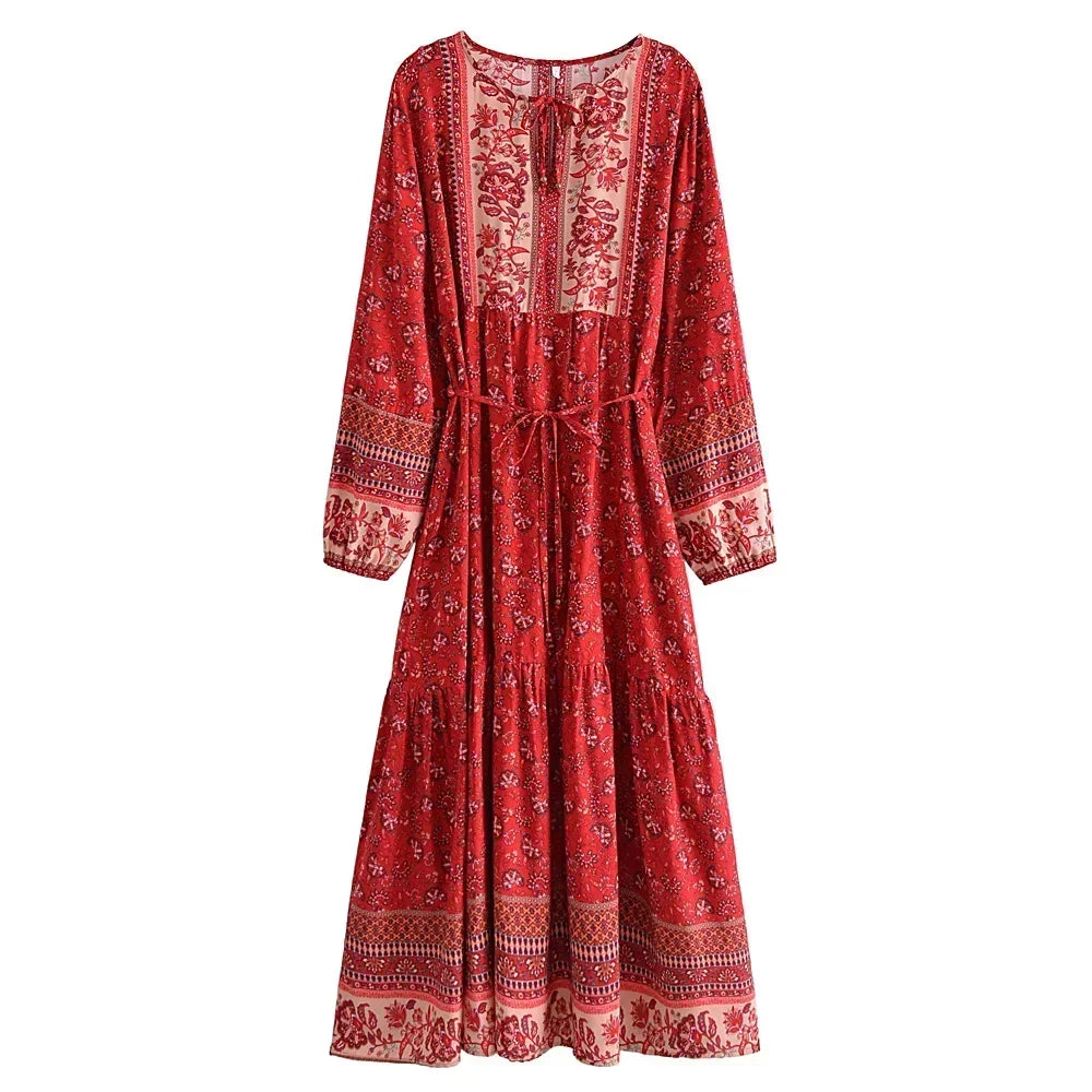 Boho Floral Maxi Dress with Long Sleeves
