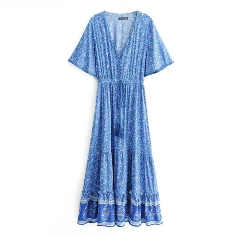 Floral Print Batwing Sleeve Boho Maxi Dress with Tassel