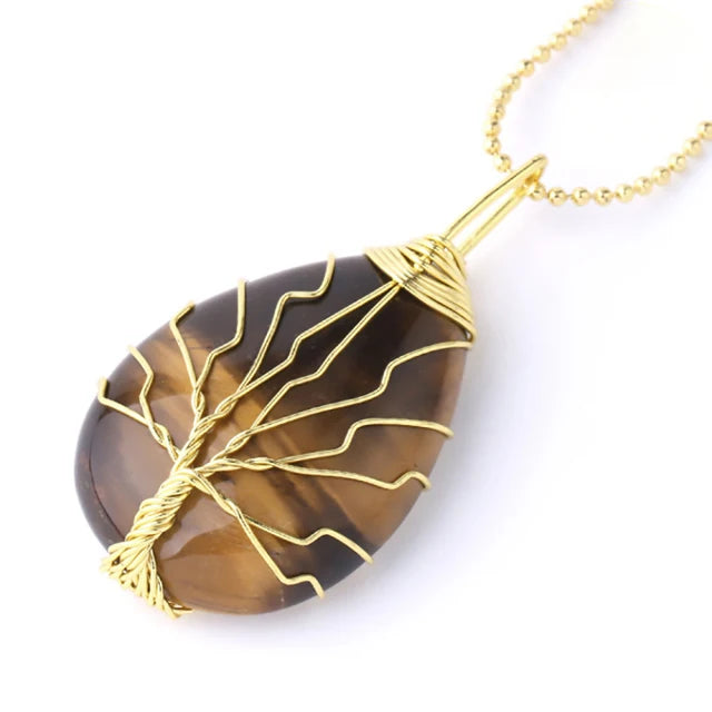 Tree of Life Crystal Necklace — Wire-Wrapped Natural Stone Pendant