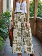 Geometric Floral Print Wide-Leg Boho Pants with Pockets