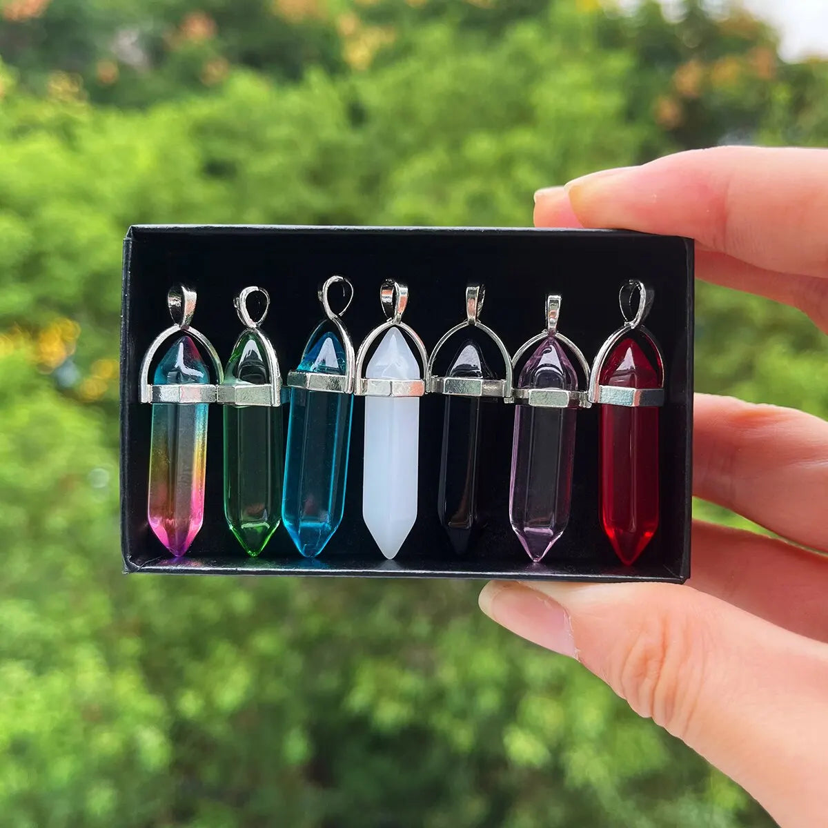 7-Piece Hexagonal Crystal Chakra Pendant Set | Pointed Gemstone Wands for Jewelry & Décor