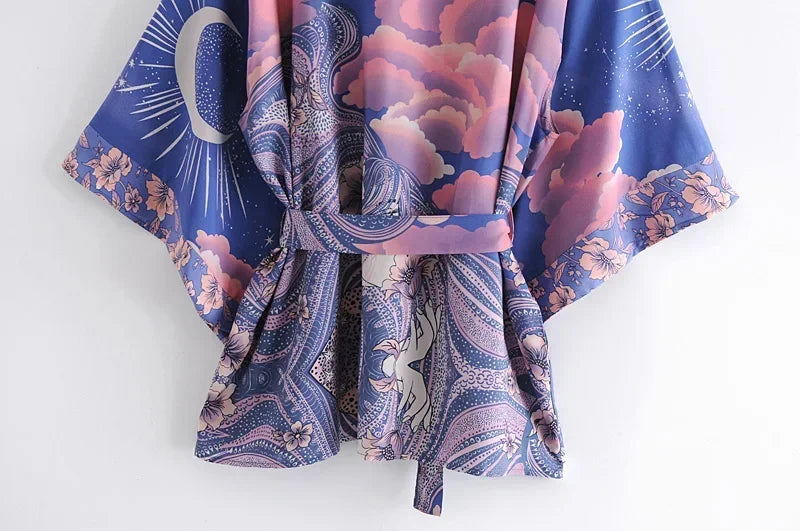 Star & Moon Floral Batwing Kimono Robe