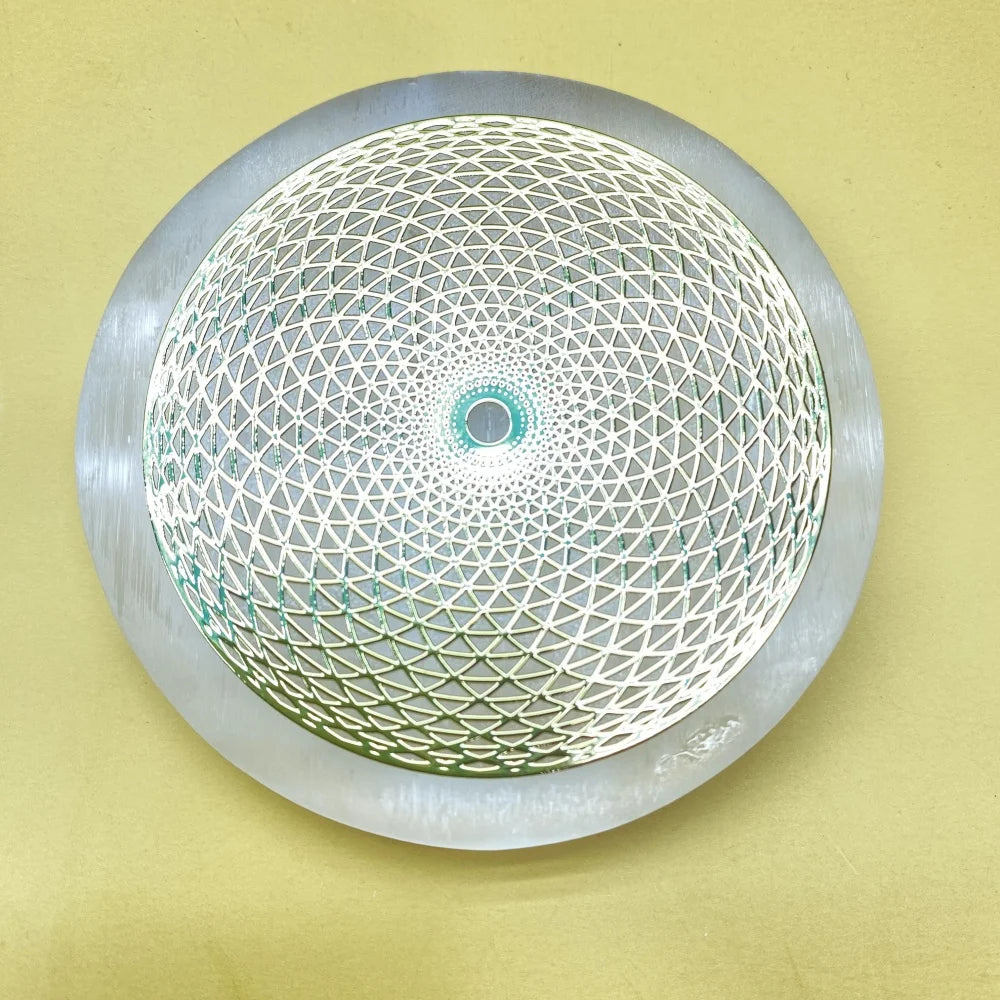 Engraved Selenite Charging Disc – Sacred Geometry Crystal Plate