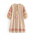 Boho Floral Embroidery Cotton-Linen Mini Dress