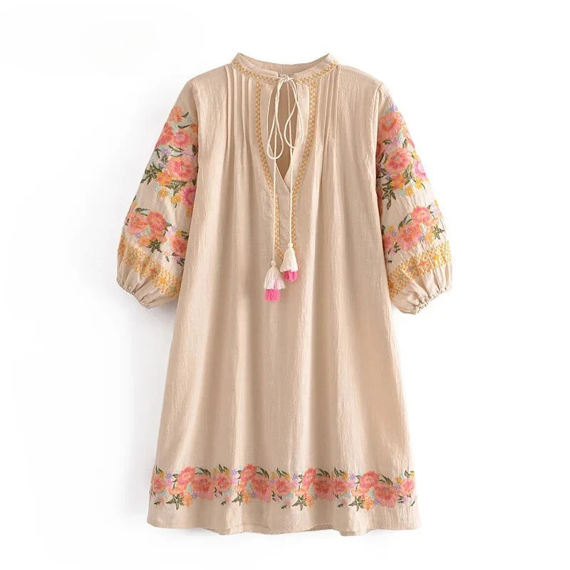 Boho Floral Embroidery Cotton-Linen Mini Dress