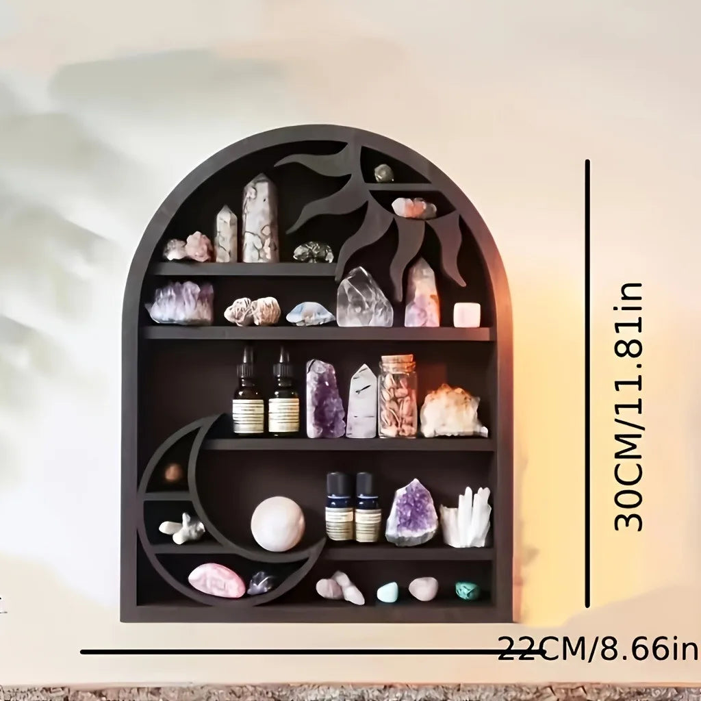 Sun & Moon Crystal Display Shelf – Wooden Wall Hanging Organizer