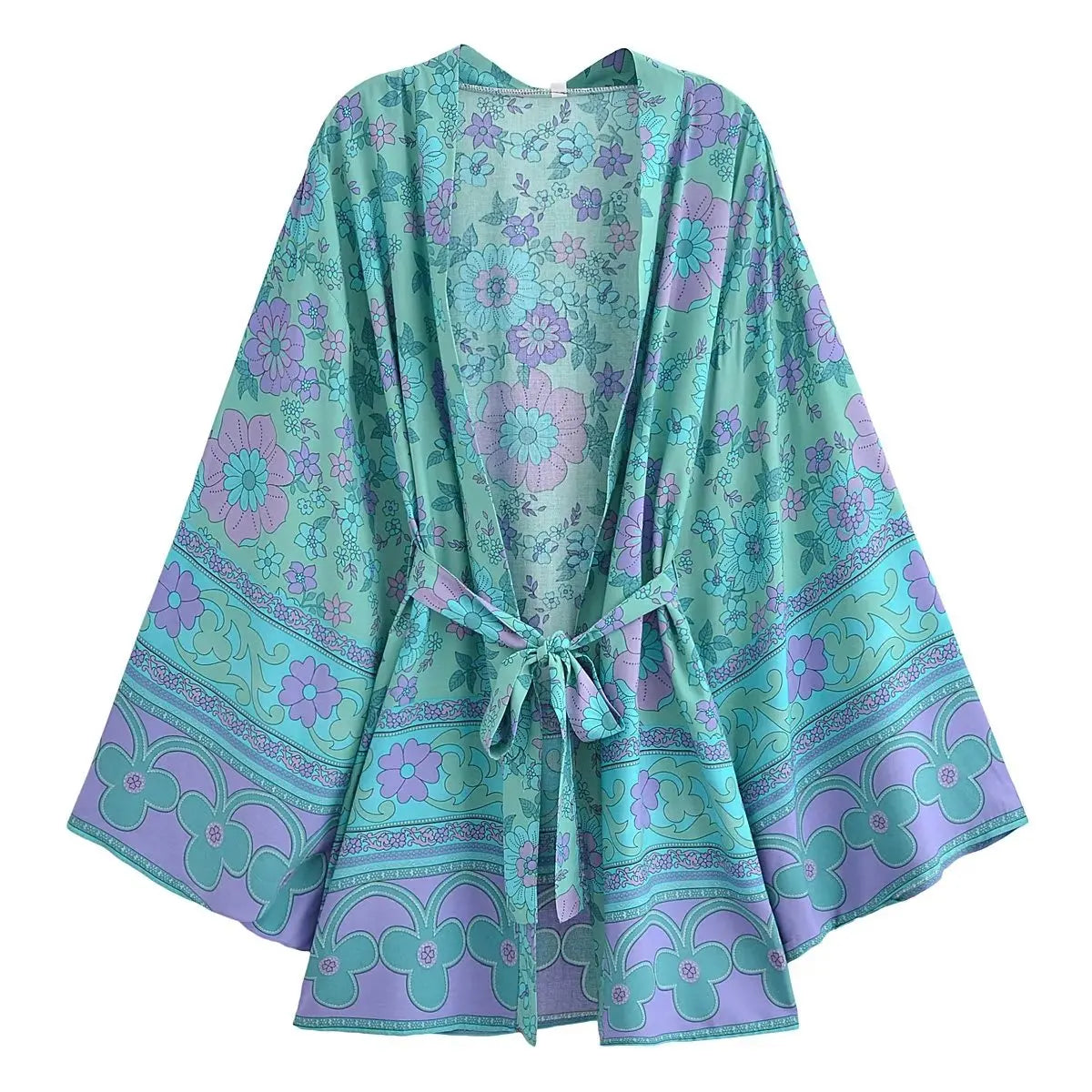 Floral Bat-Sleeve Kimono Robe with Tassel Belt