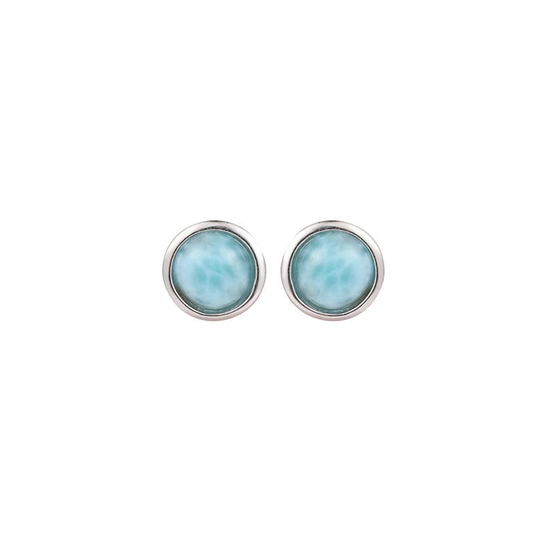 Larimar Round Bezel Stud Earrings, 925 Sterling Silver