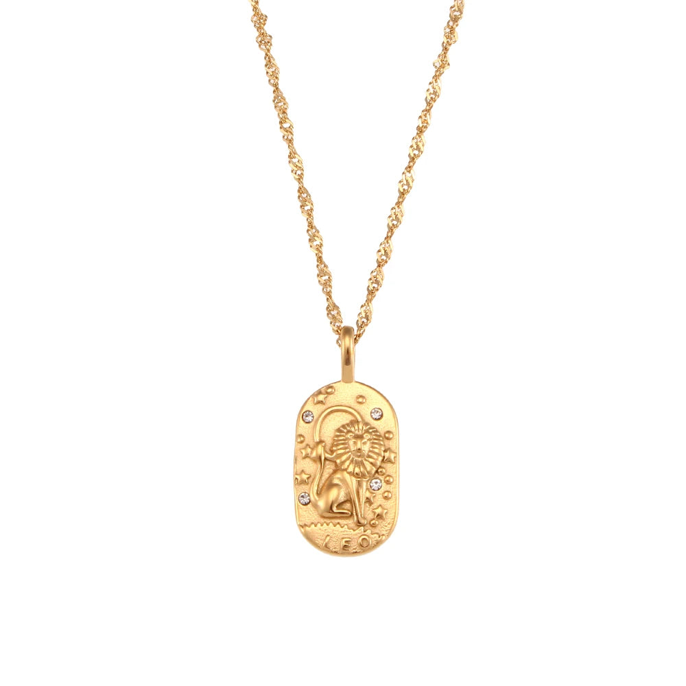 Zodiac Tag Pendant Necklace — 18K Gold Embossed Star Sign