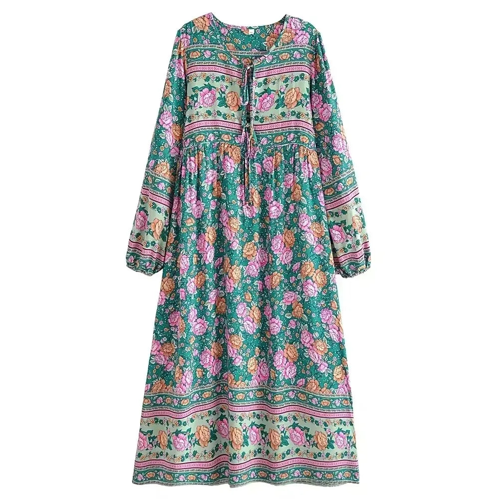 Long Sleeve Floral Print Lace-Up Boho Maxi Dress