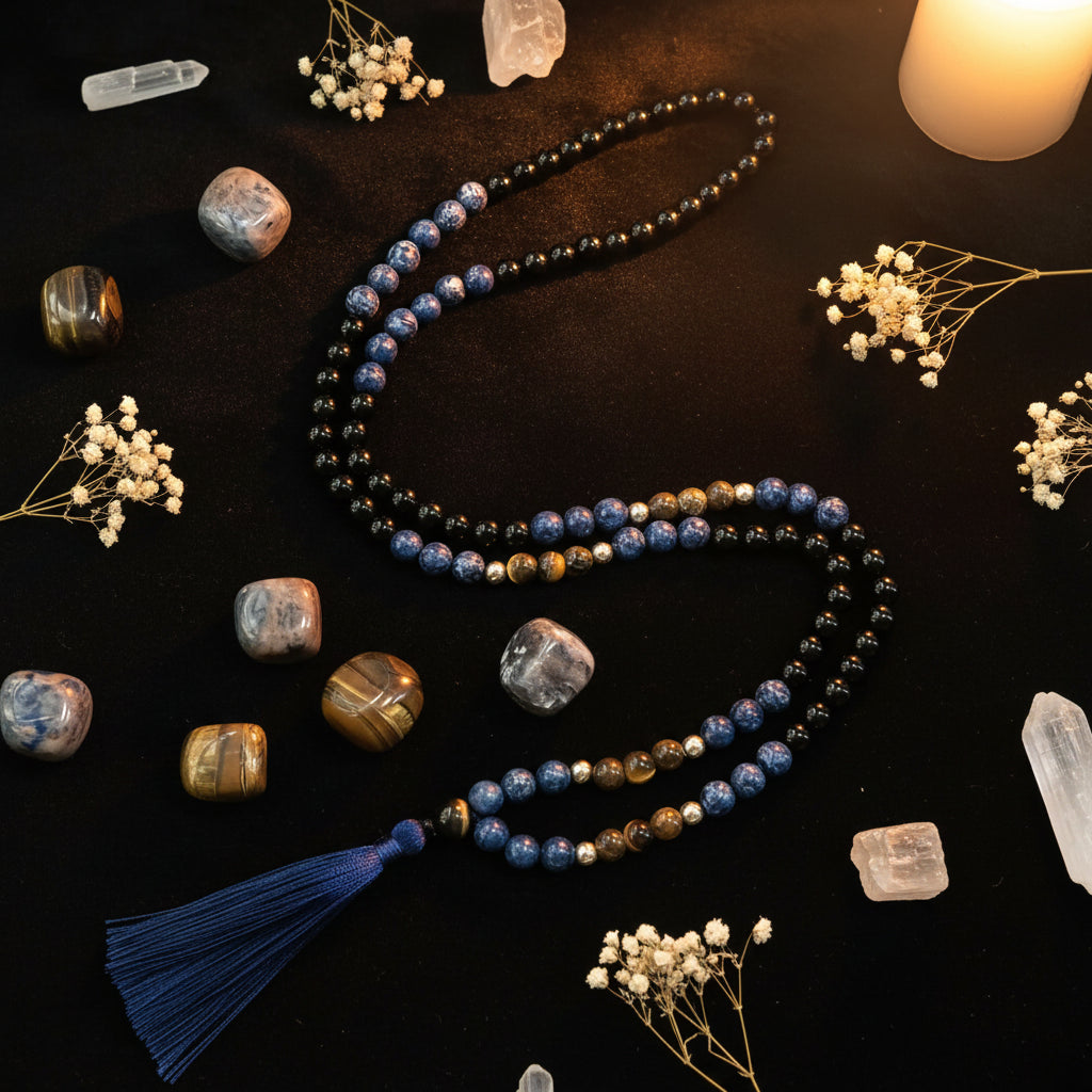 Tiger Eye & Black Onyx 108 Mala Bead Necklace | Meditation Prayer Rosary