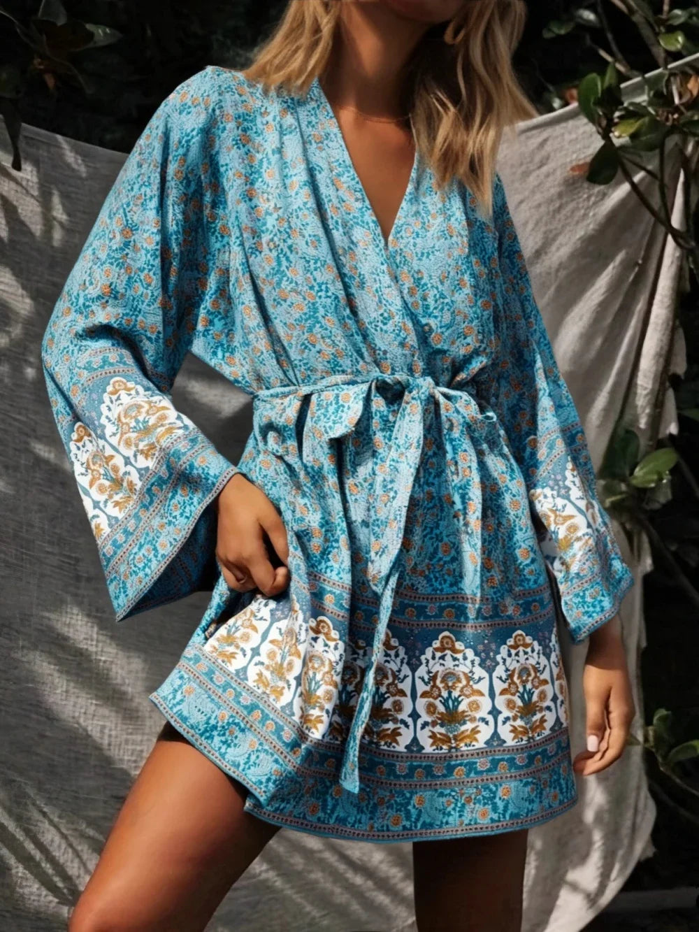 Floral Boho Kimono Robe with Batwing Sleeves