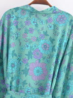 Floral Bat-Sleeve Kimono Robe with Tassel Belt