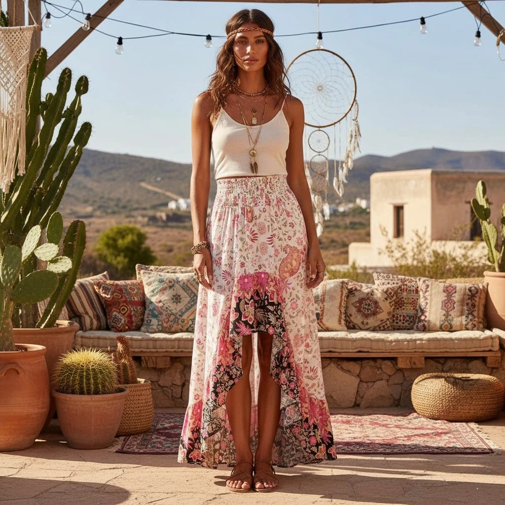 Floral Print High-Low Boho Maxi Skirt