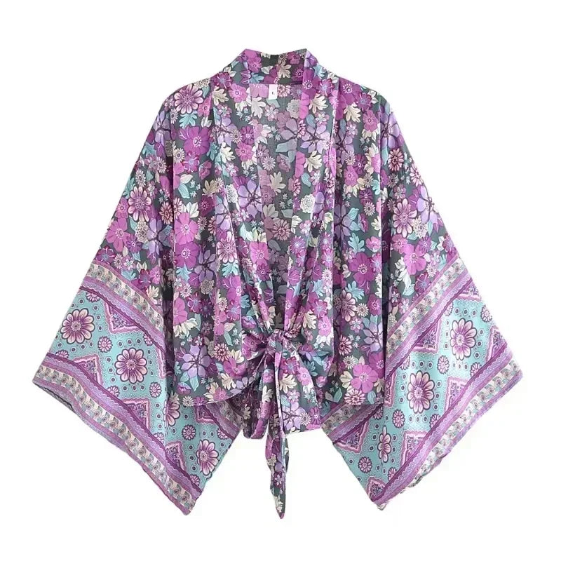 Floral Print Short Kimono with Batwing Sleeves