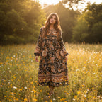 Ethnic Floral Print Tie-Neck Long Sleeve Boho Maxi Dress