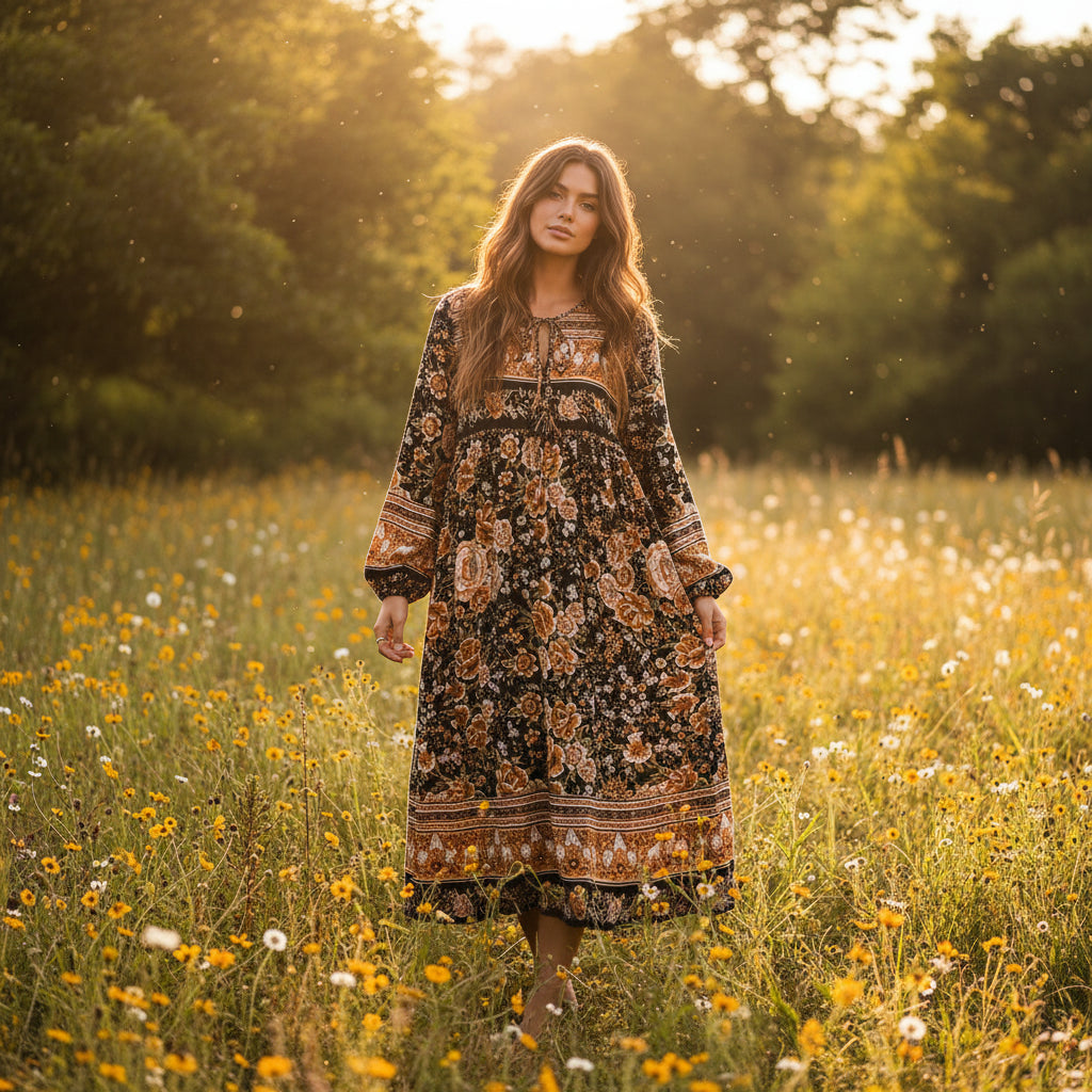 Ethnic Floral Print Tie-Neck Long Sleeve Boho Maxi Dress