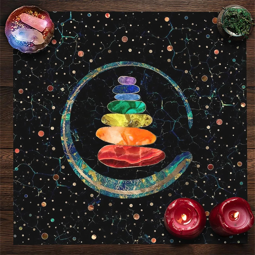 Chakra Crystal Tower Altar Cloth — Spiritual Energy Grid Tarot Mat
