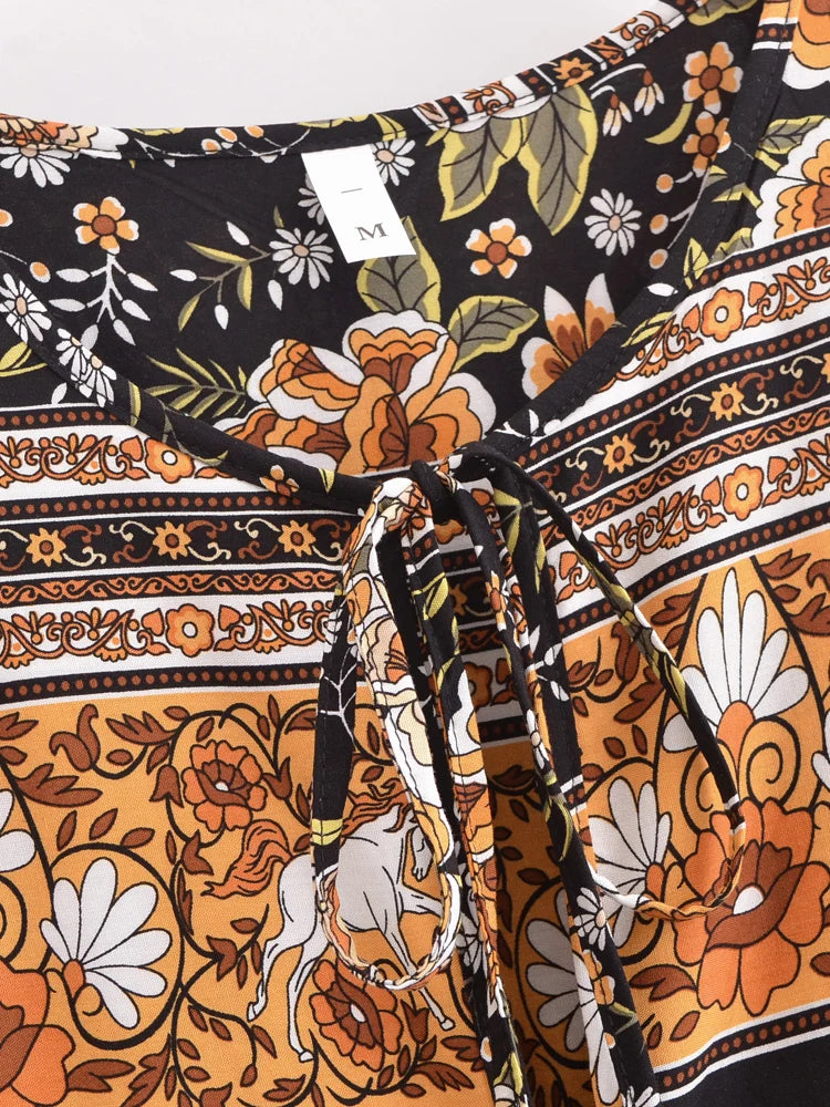 Ethnic Floral Print Tie-Neck Long Sleeve Boho Maxi Dress