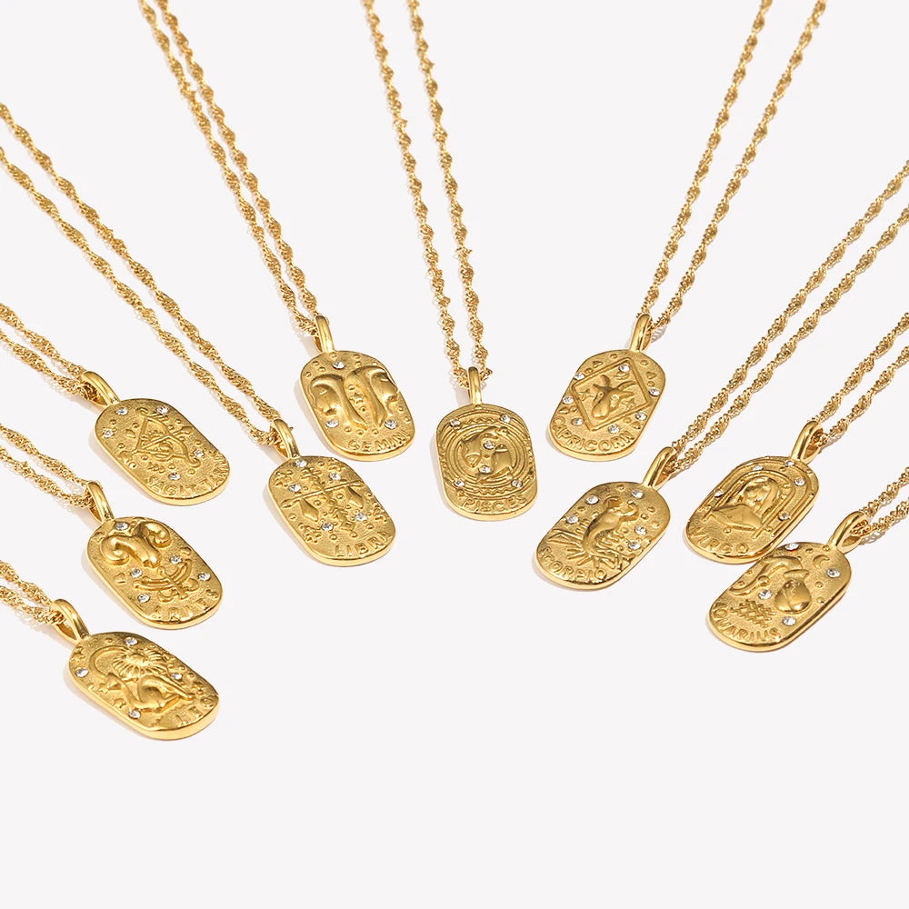 Zodiac Tag Pendant Necklace — 18K Gold Embossed Star Sign