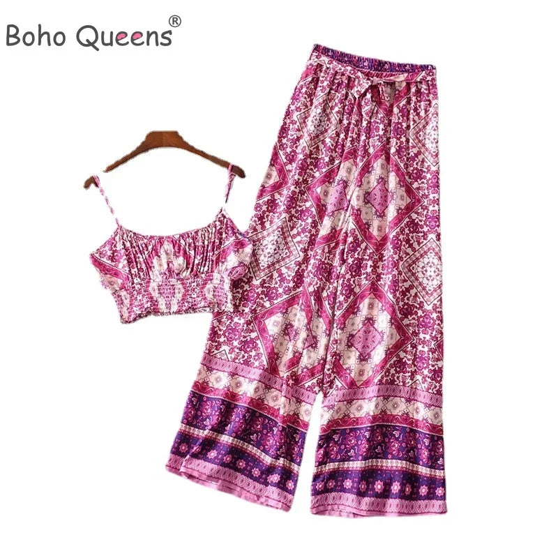 Boho Floral Smocked Cami & Wide-Leg Pants Set