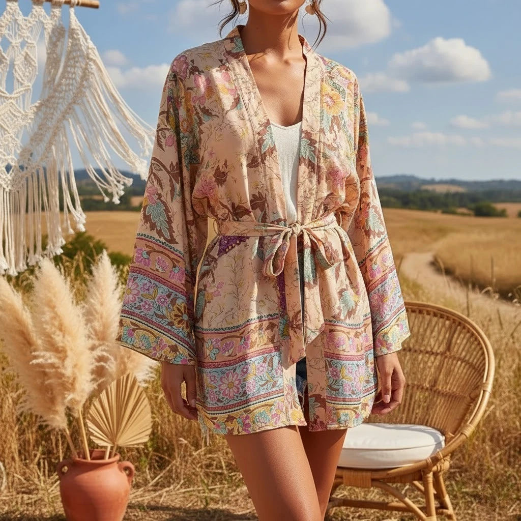 Vintage Peacock Floral Batwing Kimono Robe