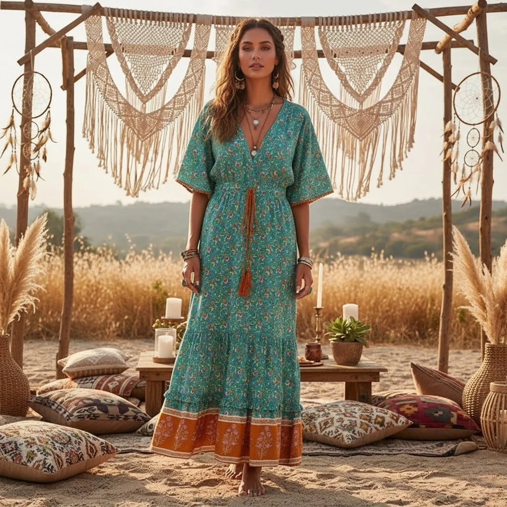 Floral Print Batwing Sleeve Boho Maxi Dress with Tassel
