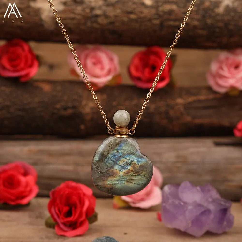 Natural Gemstone Perfume Bottle Pendant Necklace — Crystal Healing Jewelry