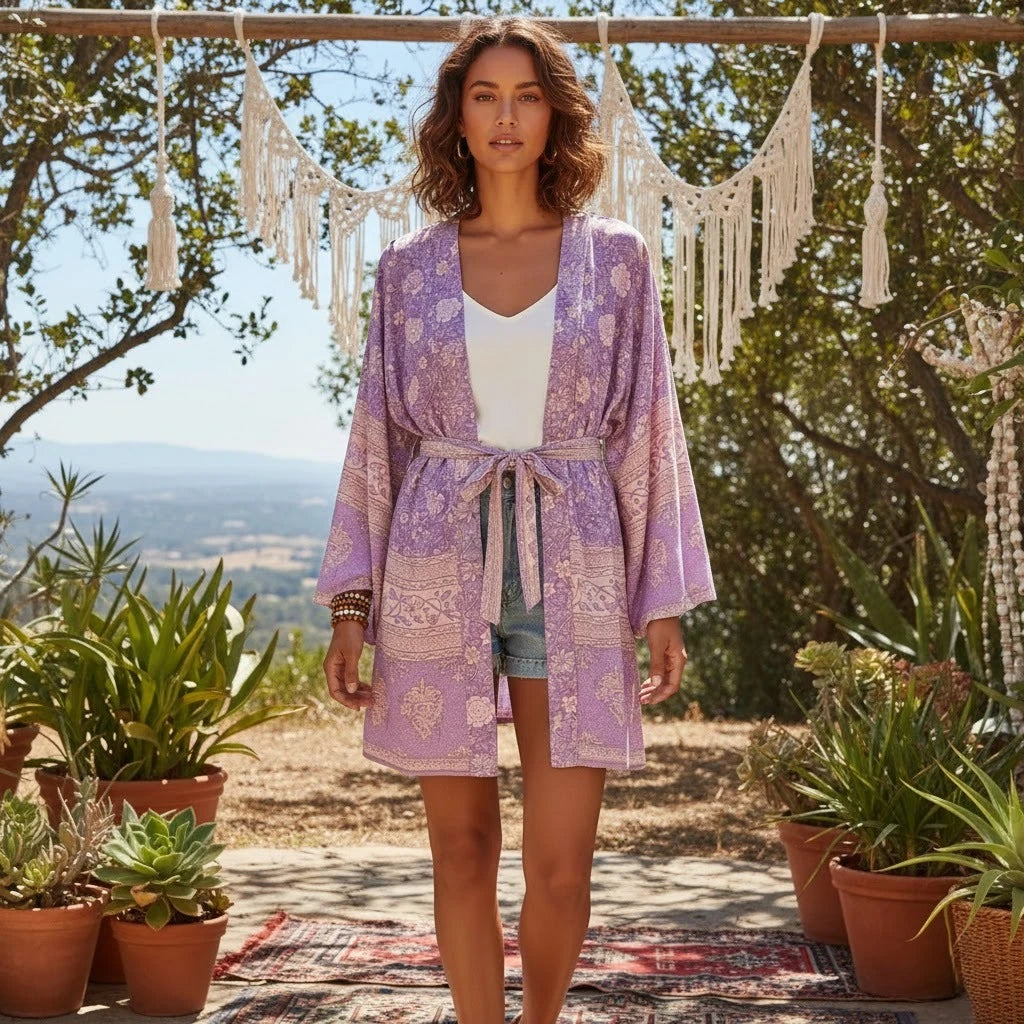 Boho Floral Batwing Short Kimono Robe
