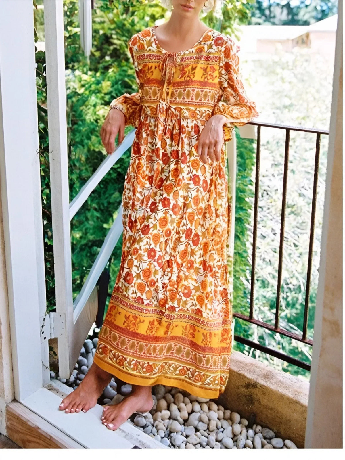 Long Sleeve Floral Print Lace-Up Boho Maxi Dress