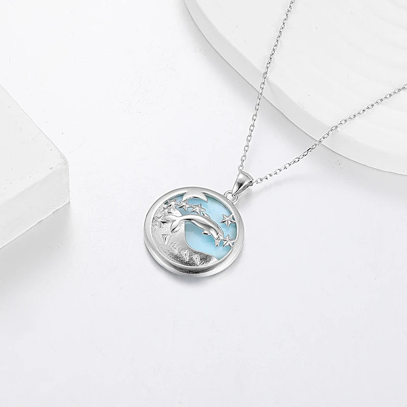 Larimar Dolphin Cutout Pendant Necklace, Round