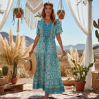 Boho Floral Button V-Neck Ruffle Sleeve Maxi Dress