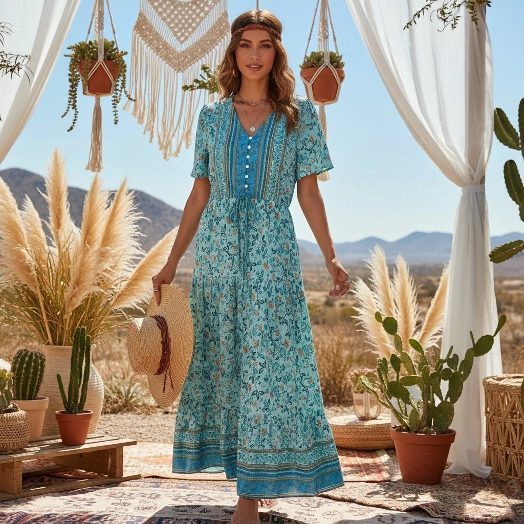 Boho Floral Button V-Neck Ruffle Sleeve Maxi Dress