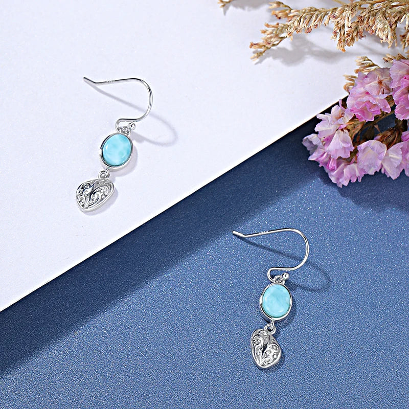 Larimar Oval Engraved Drop Earrings in 925 Sterling Silver
