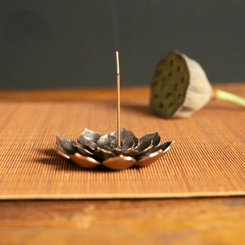 Lotus Incense Burner | 2-in-1 Bronze Metal Holder for Sticks & Cones