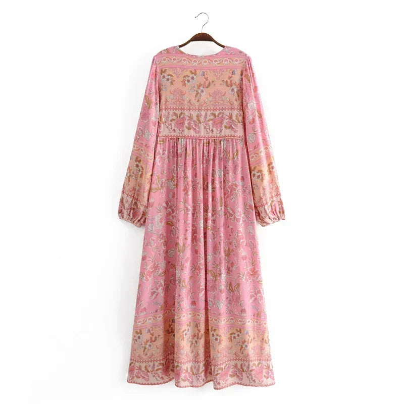 Floral Tassel-Tie Long-Sleeve Boho Dress