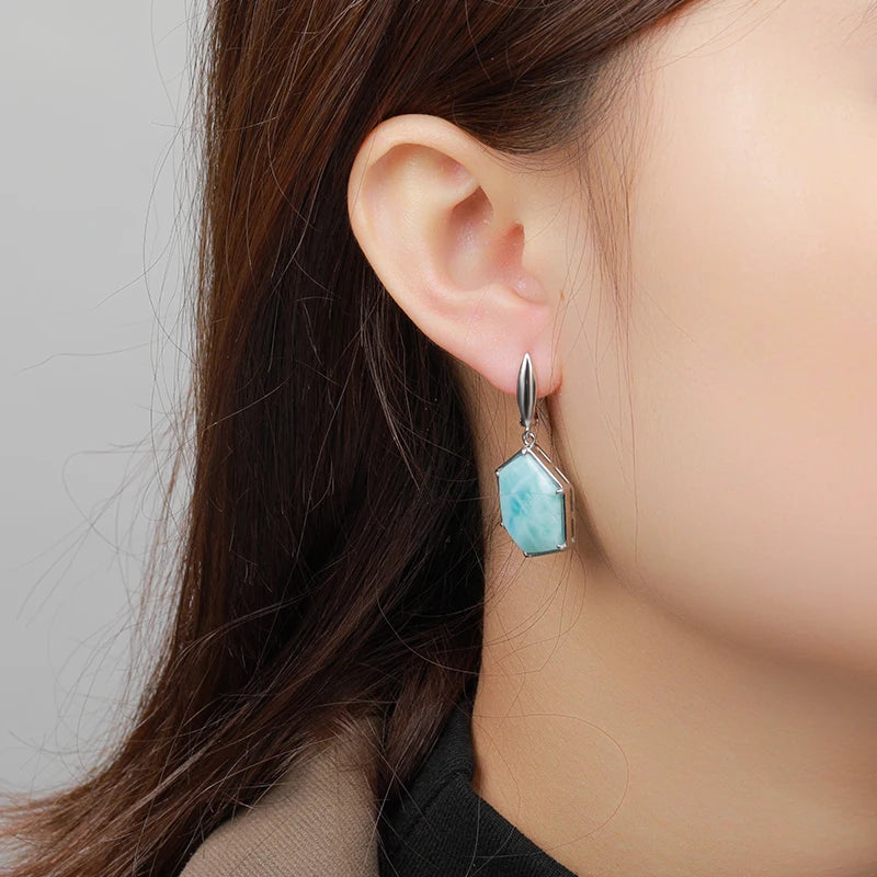 Larimar Hexagon Drop Earrings, 925 Sterling Silver