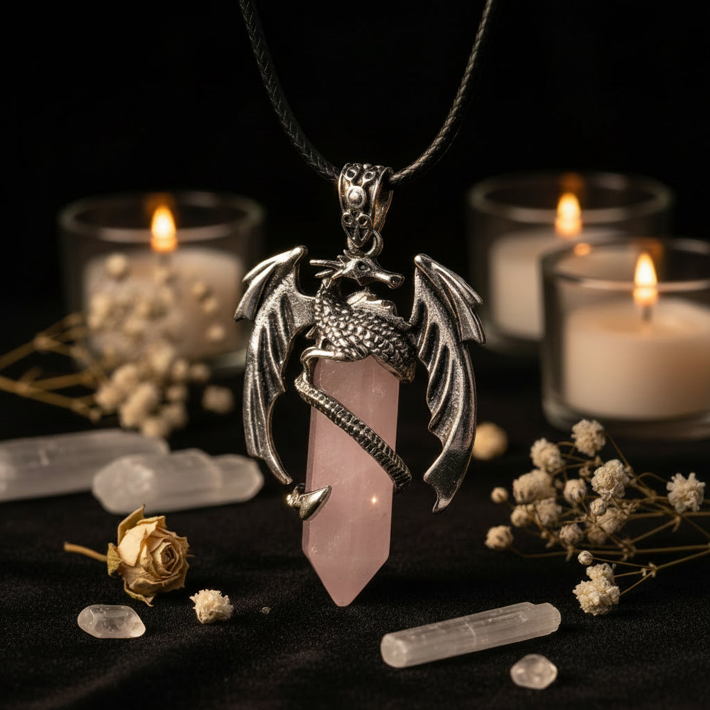 Dragon Crystal Point Pendant Necklace — Natural Gemstone Talisman