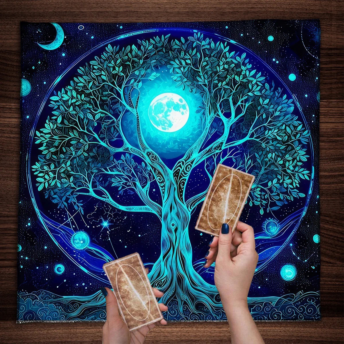 Tree of Life & Moon Phase Altar Cloth – Sacred Geometry Tarot Spread Mat
