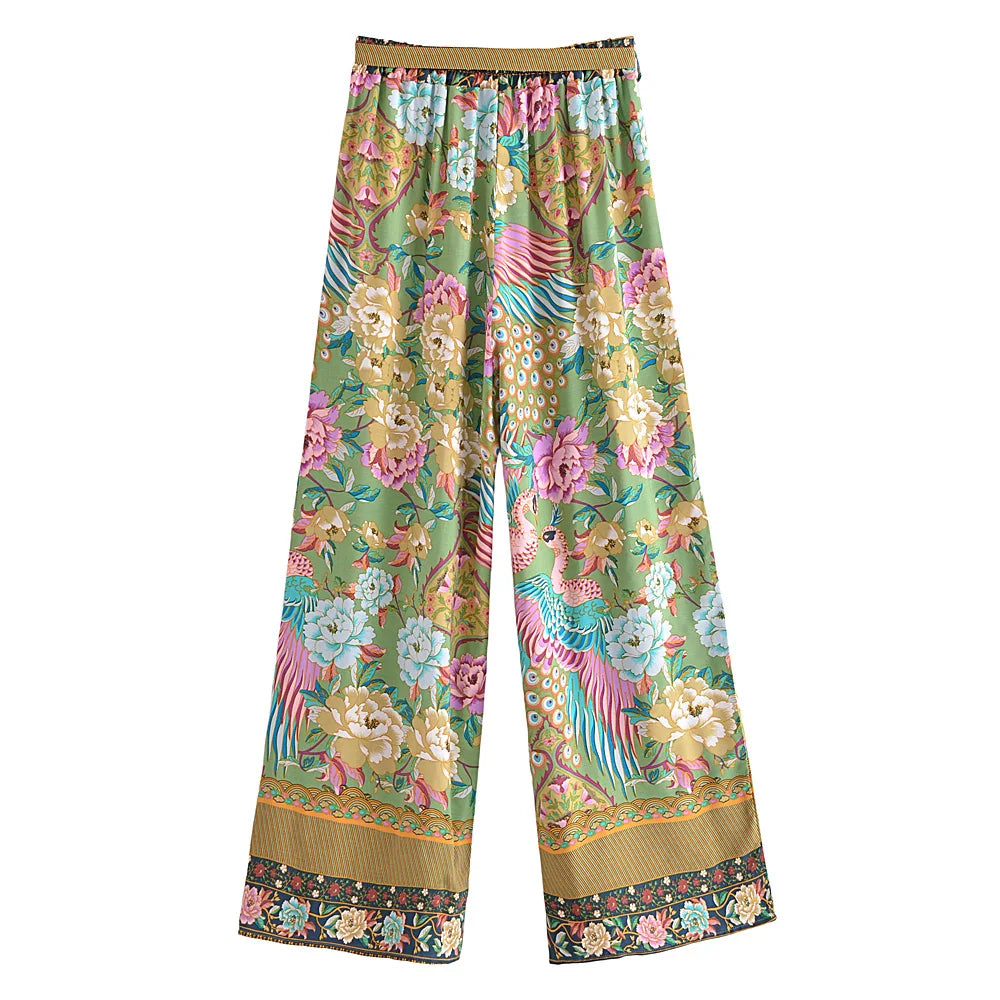 Peacock Floral Kimono & Wide-Leg Pants Set
