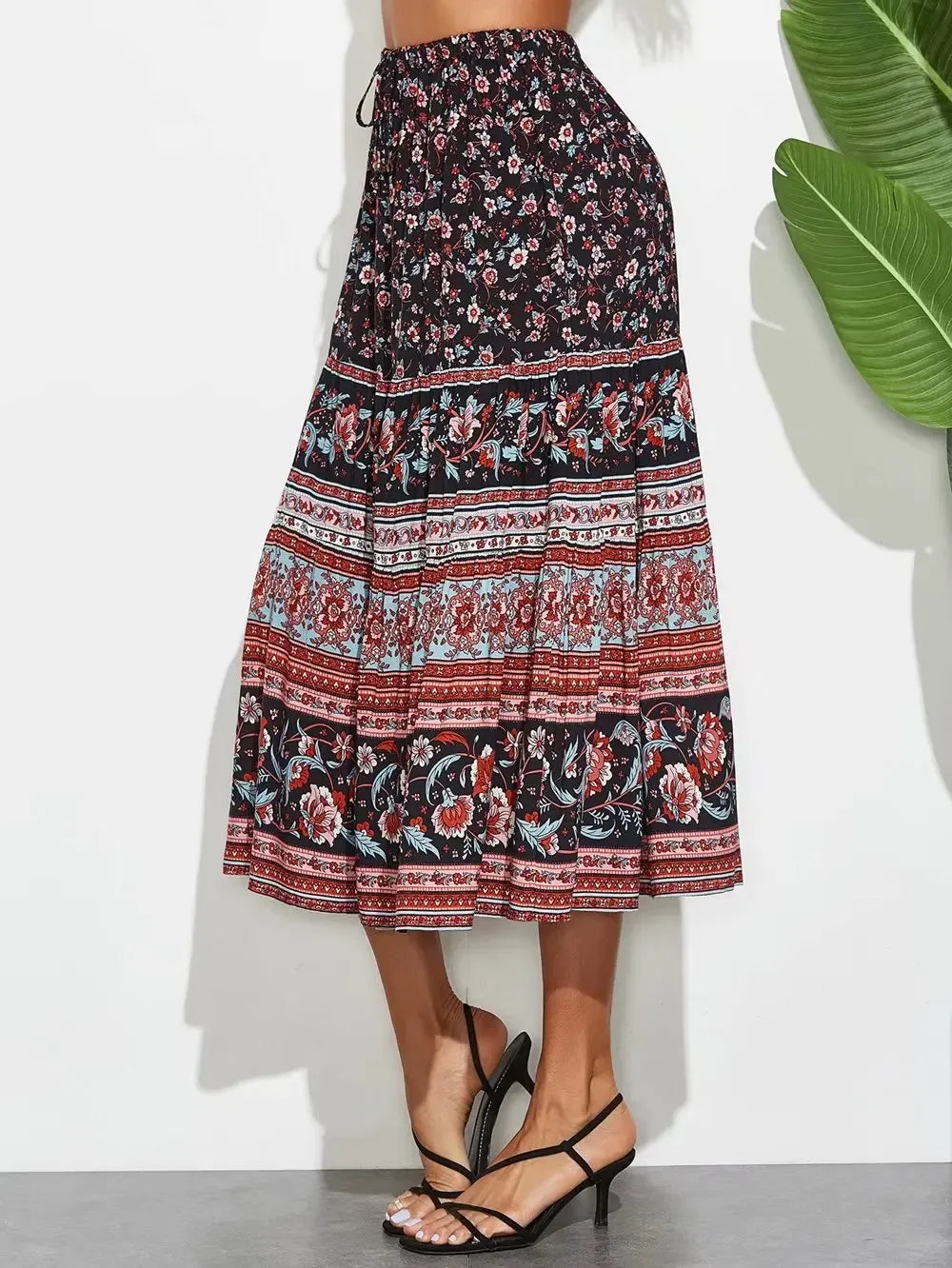Dark Floral Tiered Boho Maxi Skirt